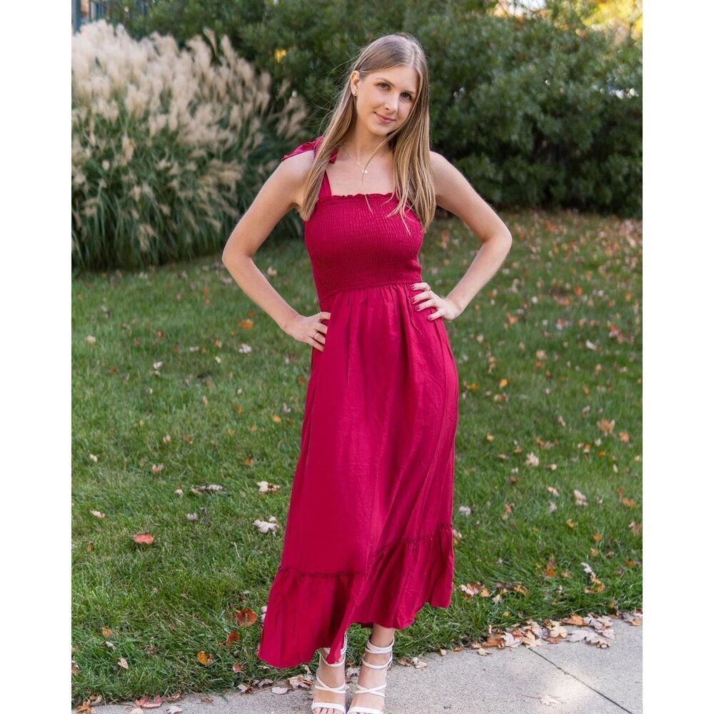 Women's red small dress Boho Spaghetti Strap Square Neck Ruffle A Line Long Maxi